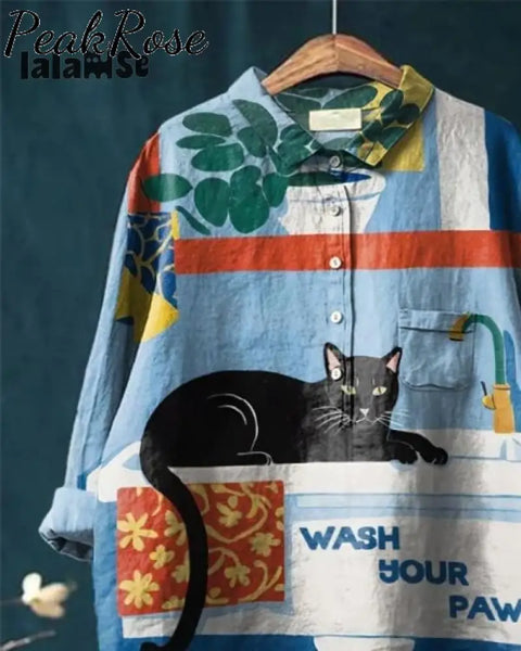 Vintage Cat Art Print Casual Cotton And Linen Shirt Hot Sell