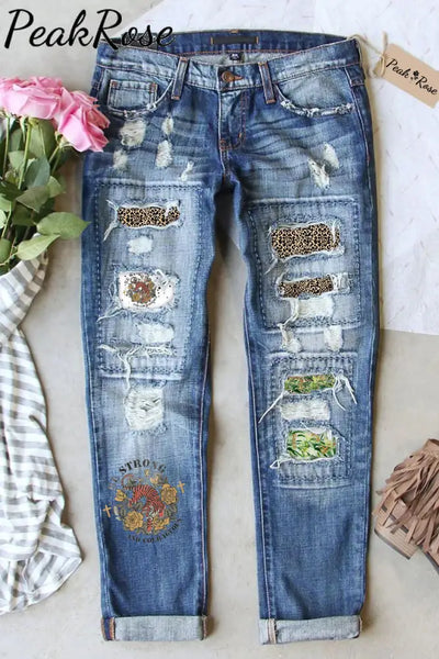 Vintage Christian Worship Faith Based Jesus Print Ripped Denim Jeans