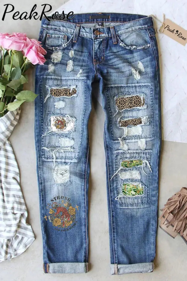 Vintage Christian Worship Faith Based Jesus Print Ripped Denim Jeans