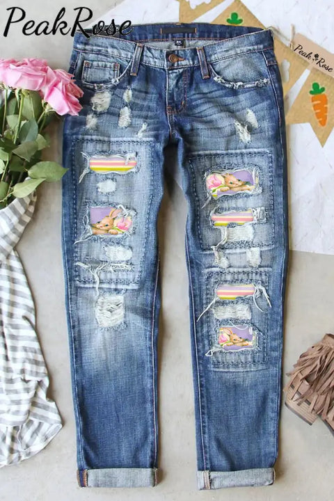 Vintage Cute Easter Bunny With Broken Egg Printed Ripped Denim Jeans