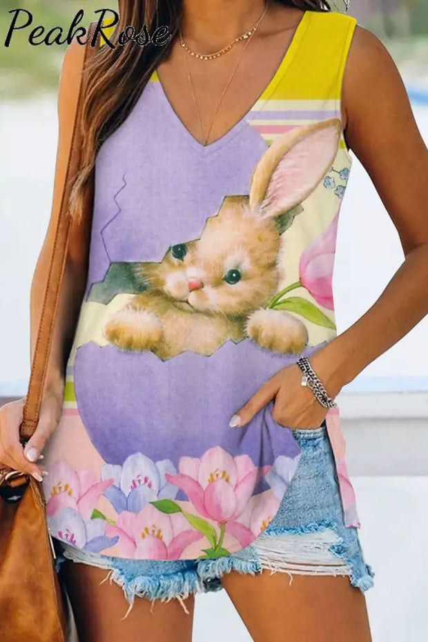 Vintage Cute Easter Bunny With Broken Egg Printed Sleeveless V-Neck Tank Top