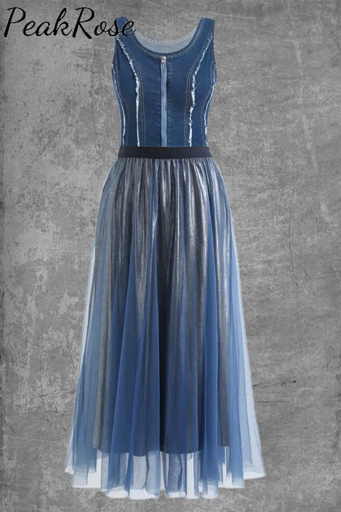 Vintage Denim Mesh Splicing Sleeveless Blue Maxi Dress