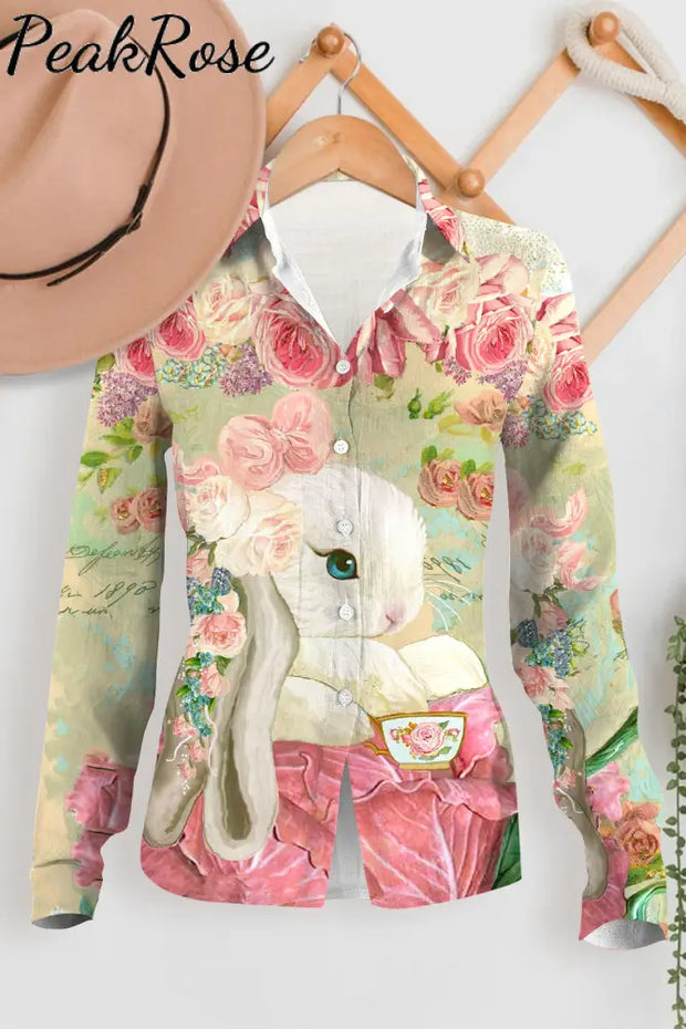 Vintage Easter Bunny Afternoon Tea Long Sleeve Shirt Women