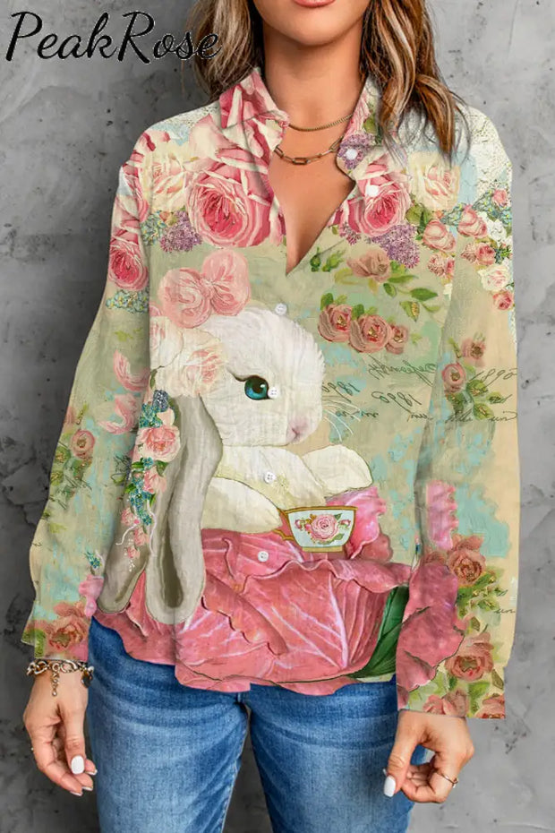 Vintage Easter Bunny Afternoon Tea Long Sleeve Shirt Women