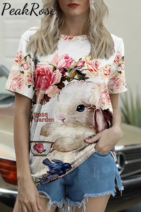 Vintage Easter Bunny Afternoon Tea Round Neck T-Shirt T-Shirt