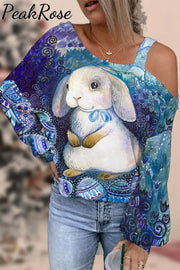 Vintage Fantasy Fairy Tale Cute Easter Bunny And Eggs Printed Off-Shoulder Blouse