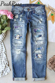 Vintage Fantasy Fairy Tale Cute Easter Bunny And Eggs Printed Ripped Denim Jeans S