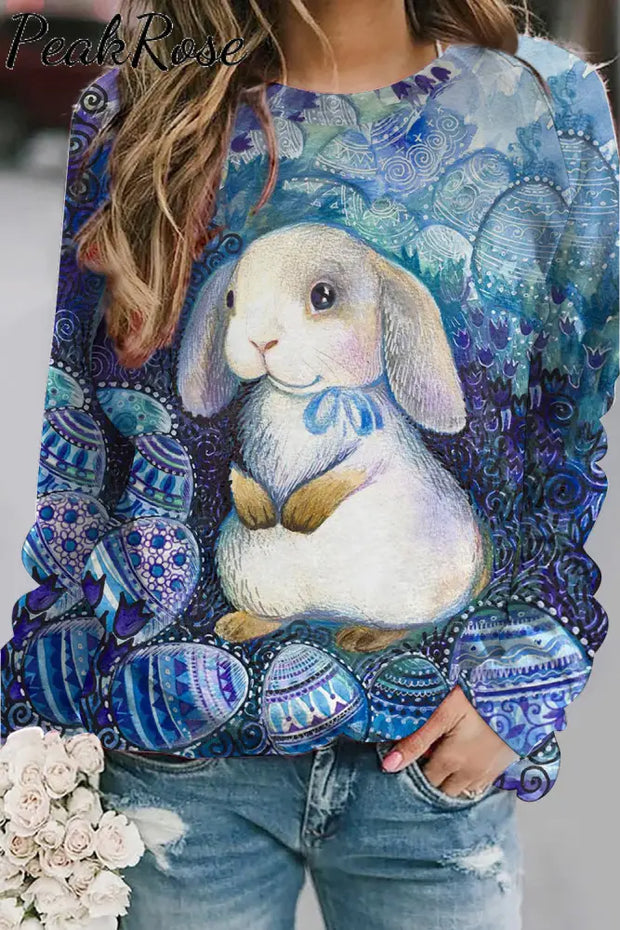 Vintage Fantasy Fairy Tale Cute Easter Bunny And Eggs Printed Sweatshirt