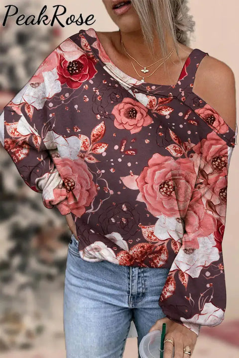 Valentine's Day Vintage Fashion Rich Doughnut Flower Pattern One-neck Slouchy Shoulder Long Sleeve Top