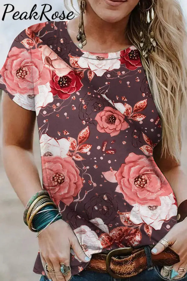 Valentine's Day Vintage Fashion Rich Doughnut Flower Pattern Round Neck T-shirt Short Sleeve Top