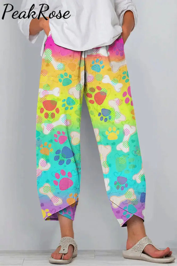 Vintage Fashion Tie Dye And Cute Dog Paws Casual Pants Casual Pant