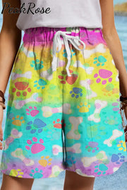 Vintage Fashion Tie Dye And Cute Dog Paws Drawstring Waist Casual Shorts