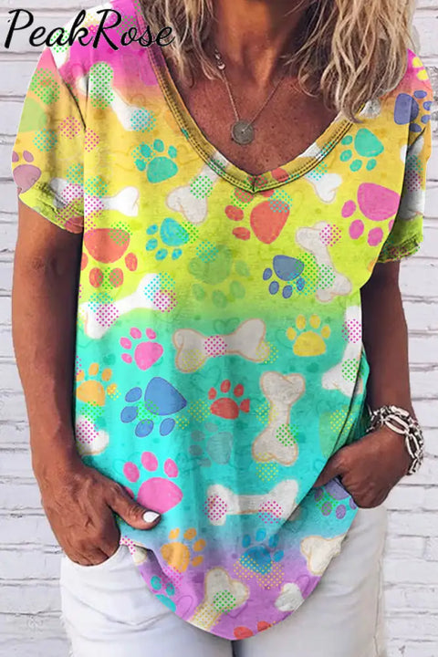 Vintage Fashion Tie Dye And Cute Dog Paws Fold V Neck Loose T-Shirt