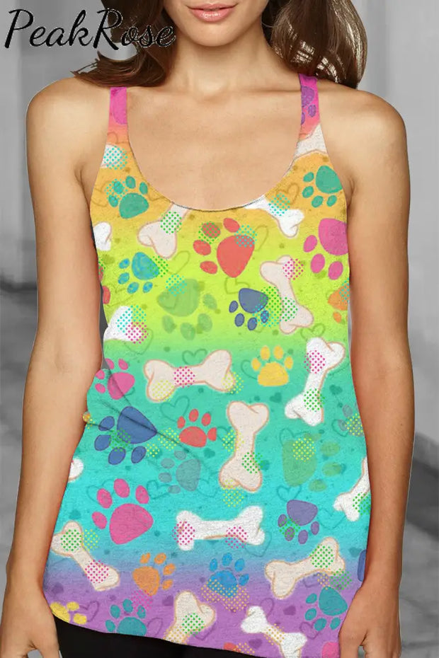 Vintage Fashion Tie Dye And Cute Dog Paws Racerback Tank Top