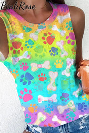 Vintage Fashion Tie Dye And Cute Dog Paws Round Neck Tank Top