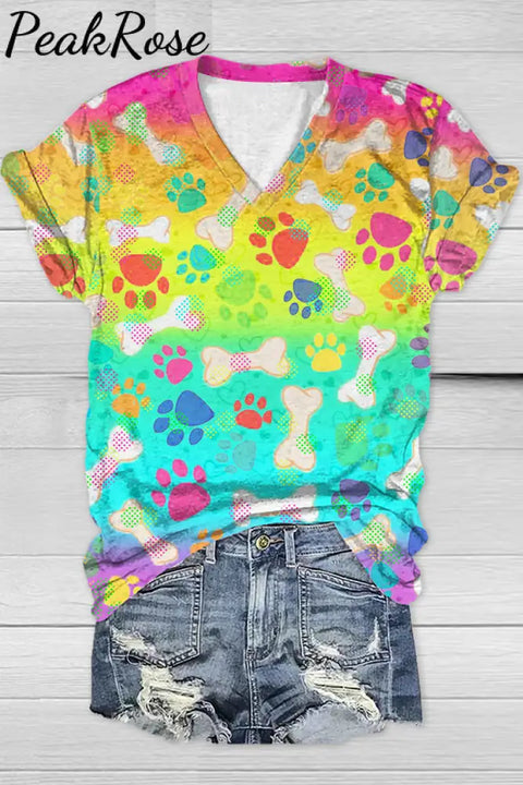 Vintage Fashion Tie Dye And Cute Dog Paws V Neck T-Shirt T-Shirt