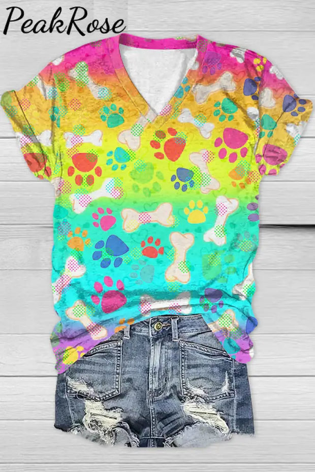 Vintage Fashion Tie Dye And Cute Dog Paws V Neck T-Shirt S / Dye T-Shirt