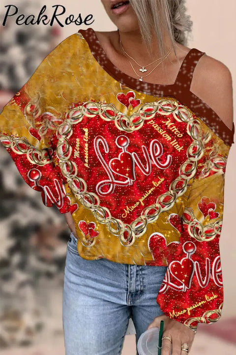 Vintage Holiday Wrapped Gold Sequin Heart Print Off-Shoulder Blouse