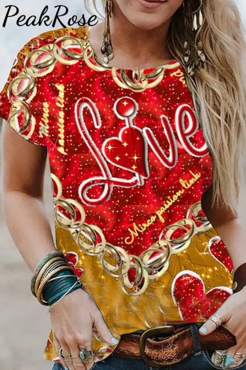 Vintage Holiday Wrapped Gold Sequin Heart Print T-Shirt