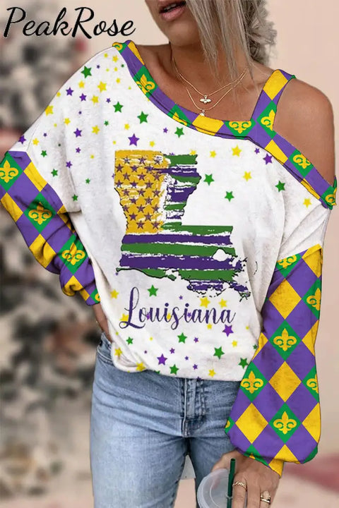 Vintage Mardi Gras Louisiana Fleur De Lis Plaid Print Off-Shoulder Long-Sleeved Blouse