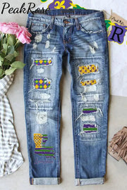 Vintage Mardi Gras Louisiana Fleur De Lis Plaid Print Ripped Jeans S