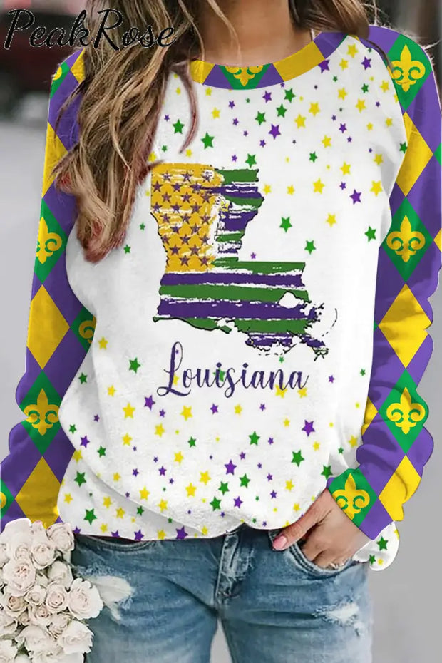 Vintage Mardi Gras Louisiana Fleur De Lis Plaid Print Sweatshirt Purple / S