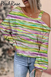 Vintage Mardi Gras New Orleans Retro Stripe Print Off-Shoulder Blouse