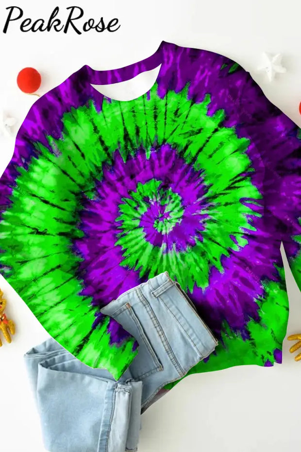 Vintage Mardi Gras Purple And Green Tie Dye Print Sweatshirt