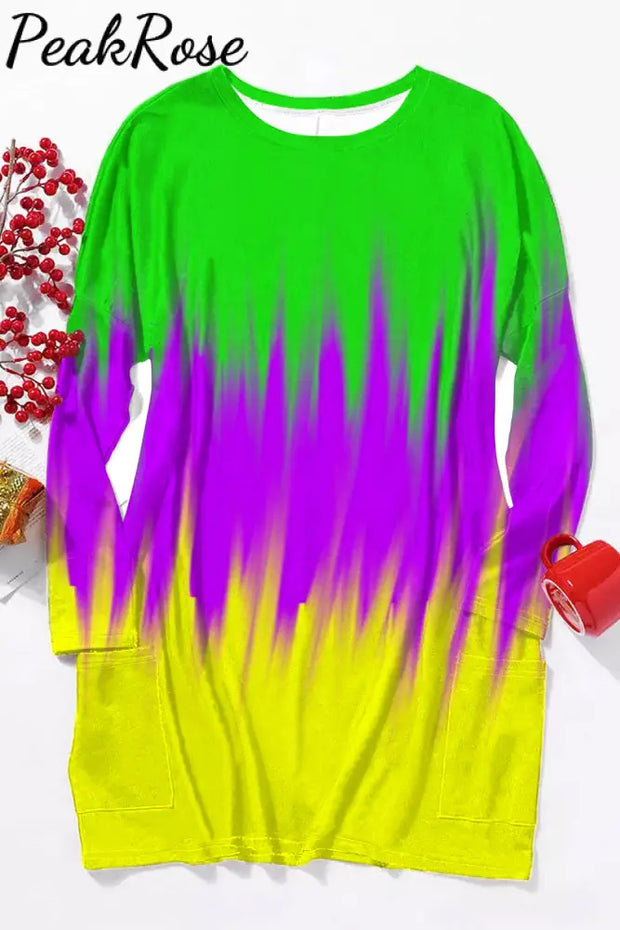 Vintage Mardi Gras Purple Green And Gold Tie Dye Print Tunic With Pockets