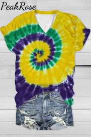 Vintage Mardi Gras Purple Green And Gold Tie Dye Print V Neck T-Shirt T-Shirt