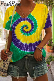 Vintage Mardi Gras Purple Green And Gold Tie Dye Print V Neck T-Shirt T-Shirt