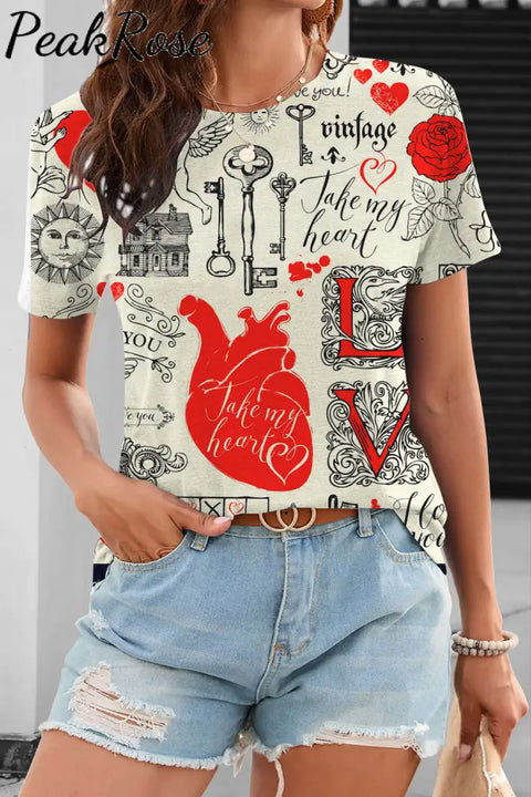 Vintage Newspaper Heart Ink Full Print T-Shirt