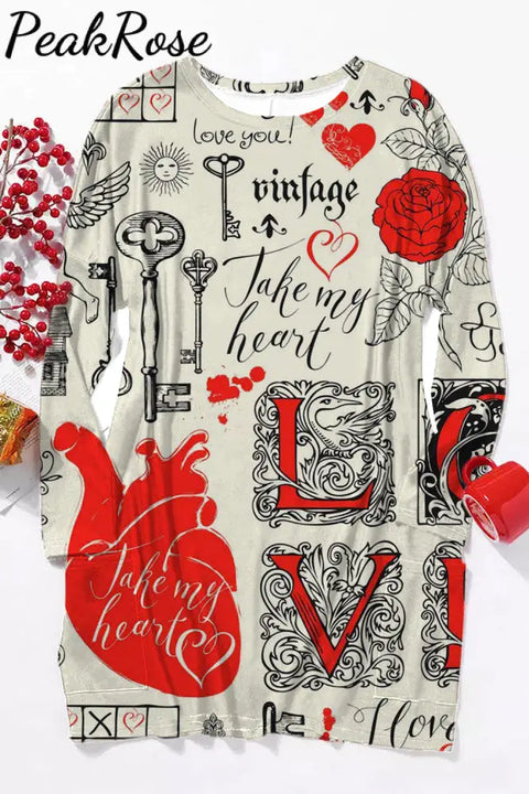 Vintage Newspaper Heart Ink Full Print Tunic With Pockets