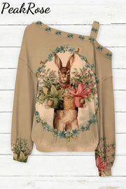 Vintage Oil Painting Bouquet Of Rabbits Off-Shoulder Blouse