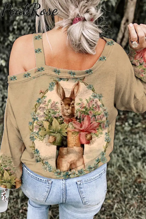 Vintage Oil Painting Bouquet Of Rabbits Off-Shoulder Blouse