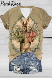 Vintage Oil Painting Bouquet Of Rabbits Printed V Neck T-Shirt T-Shirt