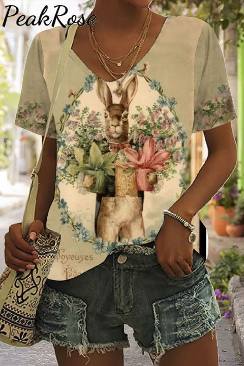 Vintage Oil Painting Bouquet Of Rabbits Printed V Neck T-Shirt T-Shirt