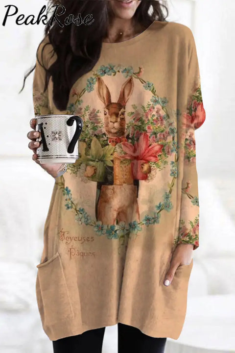 Vintage Oil Painting Bouquet Of Rabbits Tunic With Pockets