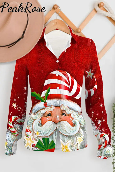 Vintage Oil Painting Santa Claus Pattern Long Sleeve Shirt Women