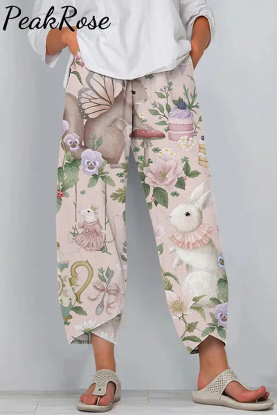 Vintage Painting Easter Bunny In The Pink Spring Garden Casual Pants Casual Pant