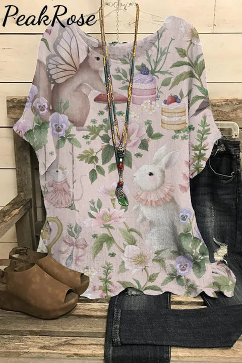 Vintage Painting Easter Bunny In The Pink Spring Garden Dolman Sleeves Tee