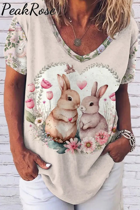 Vintage Painting Easter Bunny In The Pink Spring Garden Fold V-Neck Loose T-Shirt V Neck