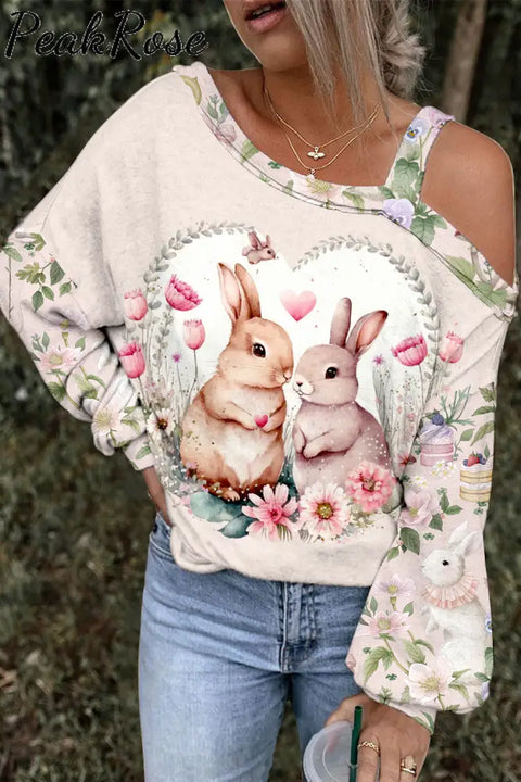 Vintage Painting Easter Bunny In The Pink Spring Garden Off-Shoulder Blouse