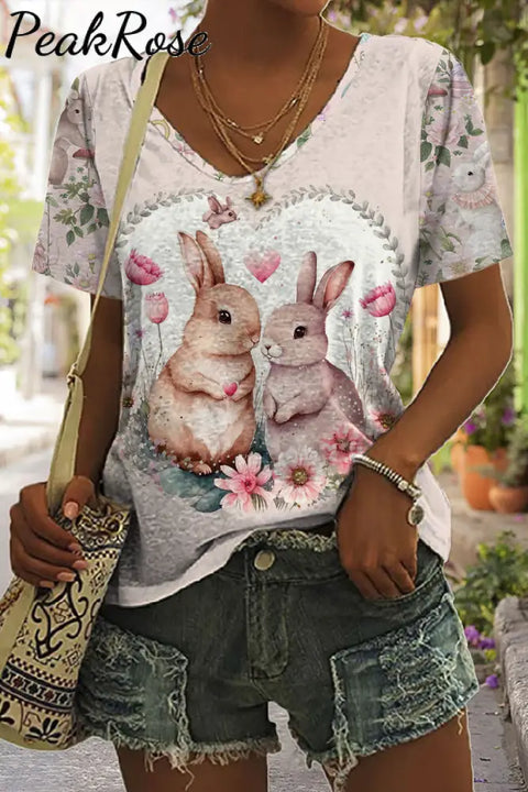 Vintage Painting Easter Bunny In The Pink Spring Garden V-Neck T-Shirt T-Shirt