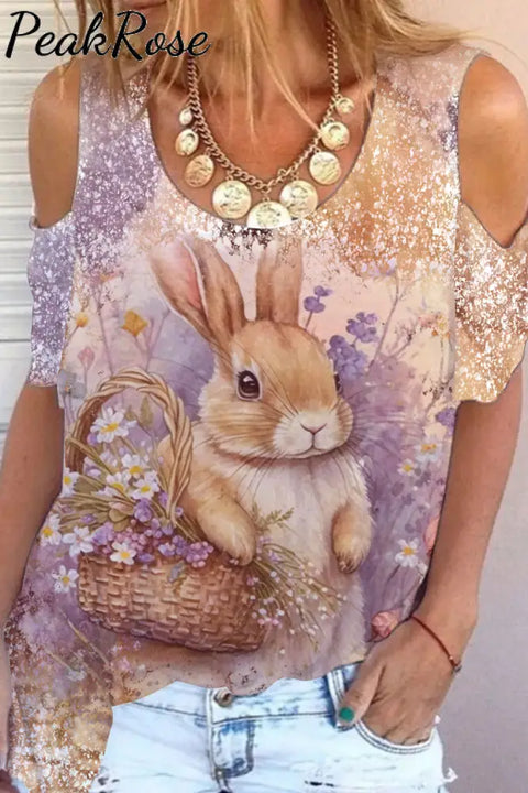 Vintage Painting Poster Easter Bunny Cold Shoulder T-Shirt T-Shirt