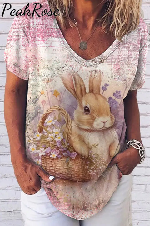 Vintage Painting Poster Easter Bunny Fold V-Neck Loose T-Shirt V Neck