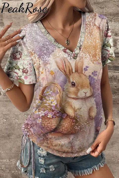 Vintage Painting Poster Easter Bunny V-Neck T-Shirt