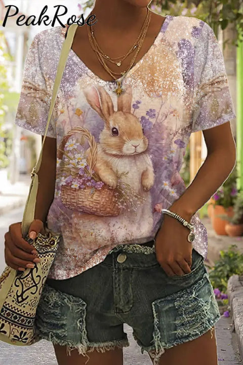 Vintage Painting Poster Easter Bunny V-Neck T-Shirt T-Shirt