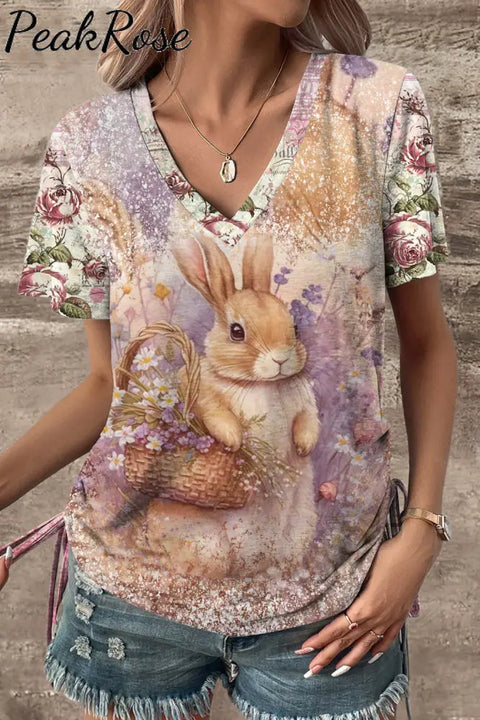 Vintage Painting Poster Easter Bunny V-Neck T-Shirt