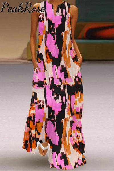 Vintage Pink-Brown Abstract Print Sleeveless Maxi Dress